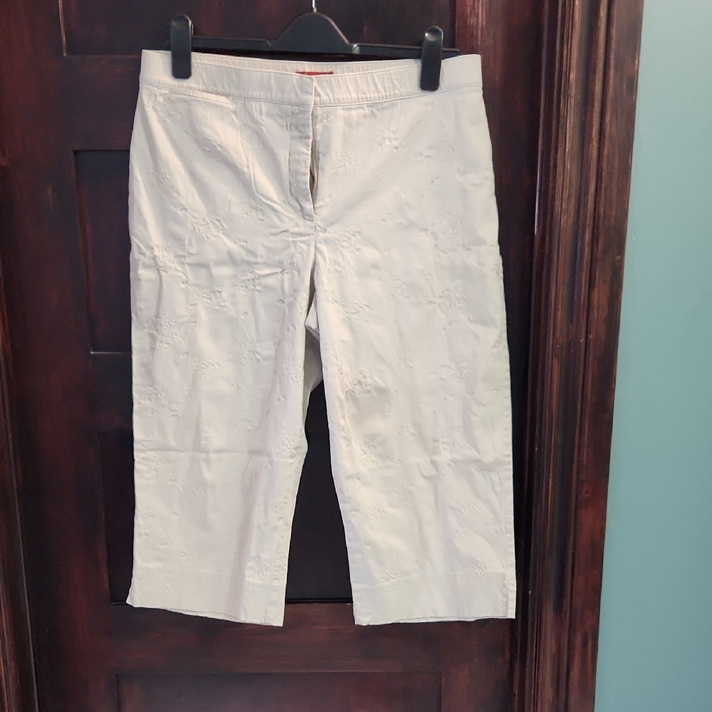 Beige Cotton Embroidered Cropped Pants